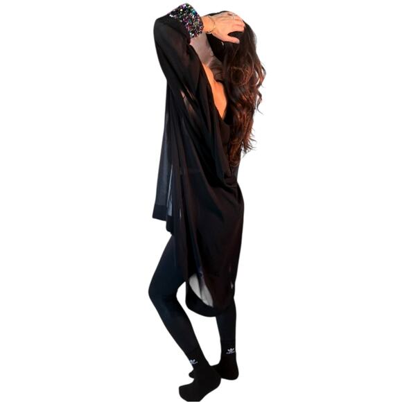 Sheer Hooded Open Kimono Glitter Sequin Cuffs. Black. Fits Small-Large Festival - Picture 4 of 9